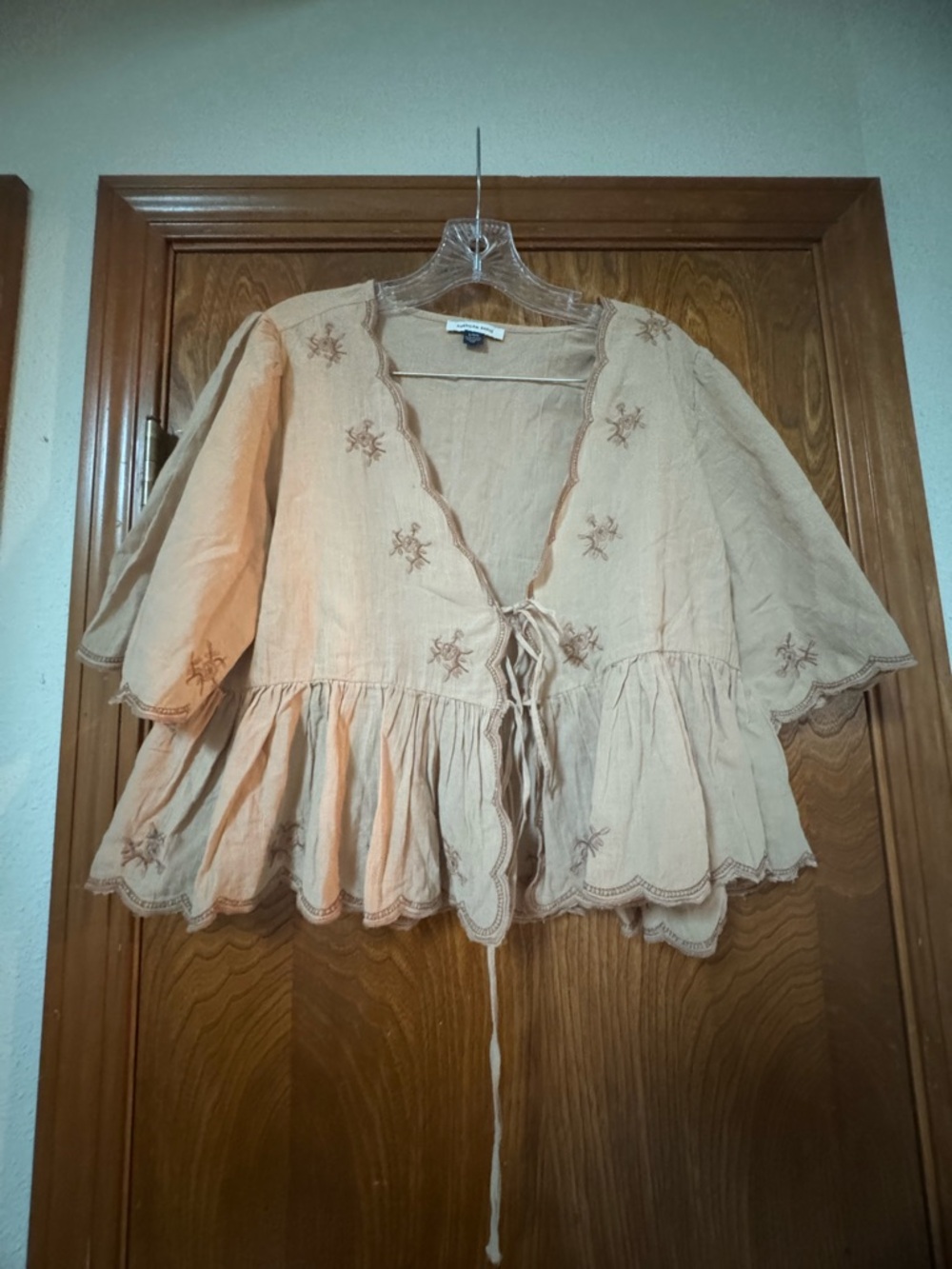 American Eagle Outfitters Tan Embroidered Tie-Front Peasant Top